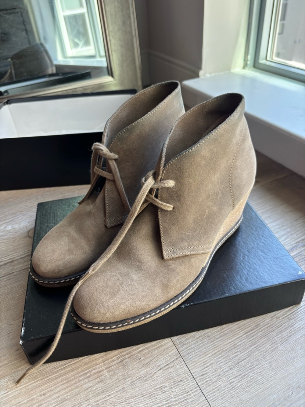 Womens Taupe Suede Lace-Up Wedge Booties